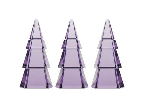Three Beautiful Shiny Crystal Christmas Trees Rendered in 3D Isolated on a Pure Black Background Creating a Luxurious Modern Holiday Decoration Display Featuring Tiered Geometric Lavender Sh