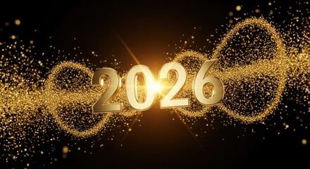 Elegant golden 2026 year design with sparkling particles on a dark background