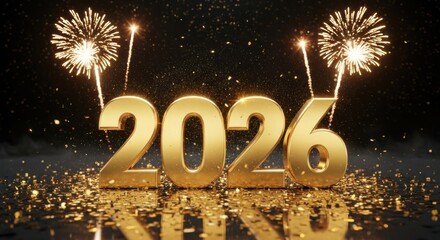 Golden 2026 New Year Celebration with Sparkling Fireworks Display Background