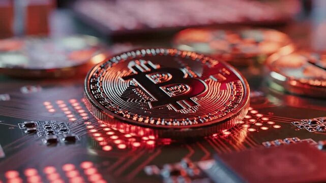 Bitcoin Cryptocurrency Coin on Circuit Board with Red Lighting.