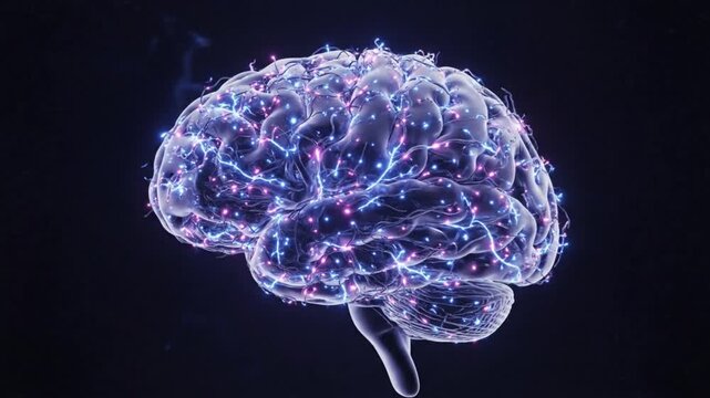 Electric neural pathways firing, 3D neurons connecting, zoom-out to full brain hologram - Powered by Adobe