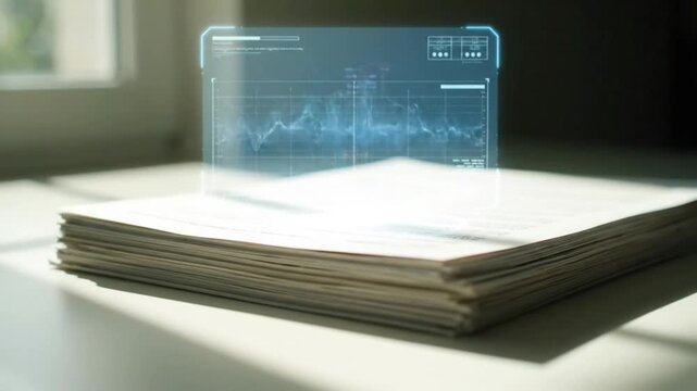 A futuristic transparent holographic display screen showing financial data graphs and charts, resting on a stack of traditional paper documents