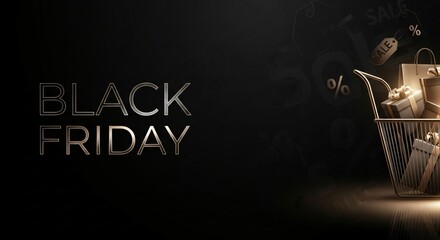 Black Friday Shopping Deals & Sales Event – Gift Cart with Presents on Dark Background