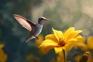 Fototapeta premium a hummingbird flying over a yellow flower