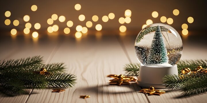 Magical Snow Globe and Pine Christmas Background on Light Wood with Fairy Lights – Copy Space