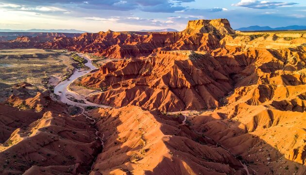 Aerial view of a vast, red-hued canyon landscape with a winding river. The sun bathes the textured rock formations