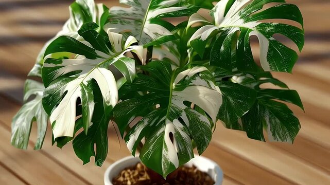 Variegated monstera plant on wooden surface daytime sunlight