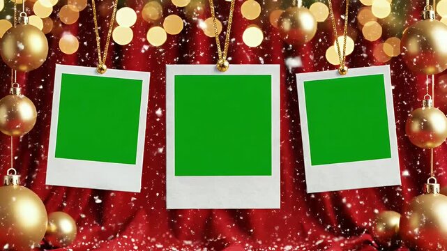 Three green screen photo frames hanging on a festive red background with golden Christmas ornaments, bokeh lights, and falling snow.