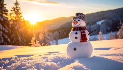Snowman in Winter Landscape at Sunset - A Festive Scene.
