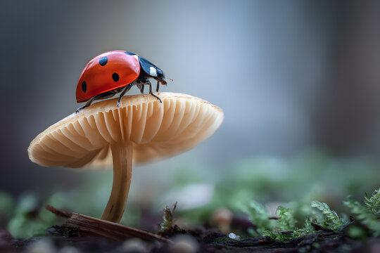 a lady bug sitting on top of a mushroom