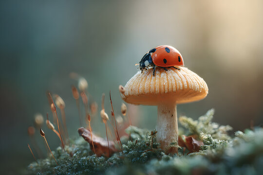 a lady bug sitting on top of a mushroom