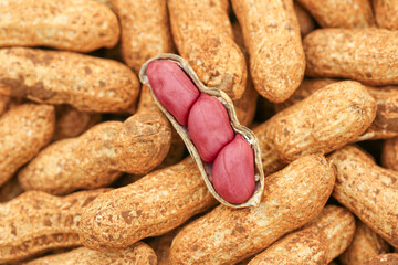 Fresh Red Skinned Peanuts in Shell with Cracked Open Pod Showing Pink Kernels