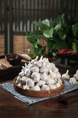 Fresh Shandong Farm Garlic Heads in Wicker Basket - Rustic Kitchen Food Photography