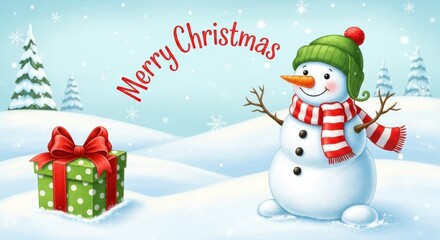 Fototapeta premium Merry Christmas greeting card - cheerful snowman in green hat and striped scarf beside gift box. 