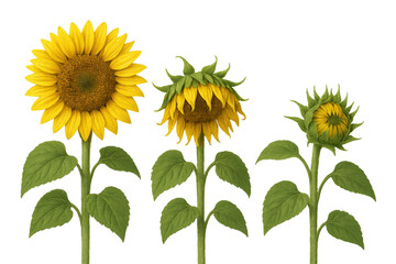 Obraz premium Sunflower growth stages showing botanical evolution from bud to fully bloomed yellow flower on transparent background