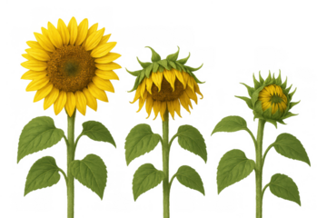 Sunflower growth stages showing botanical evolution from bud to fully bloomed yellow flower on transparent background