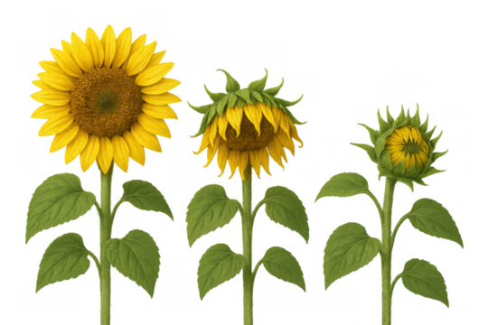 Sunflower growth stages showing botanical evolution from bud to fully bloomed yellow flower on transparent background