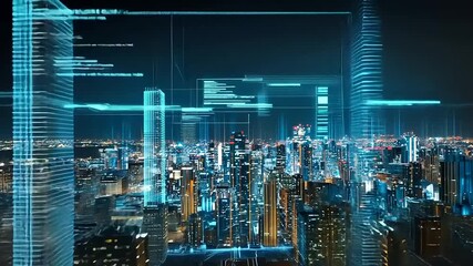 Futuristic city skyline illuminated at night with digital overlays showcasing technology and innovation - Powered by Adobe