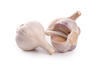 Fresh Garlic Bulbs on White Background - Whole and Broken Showing Cloves