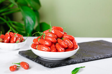 Fresh Red Wolfberries Goji Berries from Ningxia in Bowl Healthy Superfood Ingredient