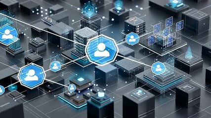 Futuristic digital cityscape with interconnected data nodes and user profiles, showcasing technology integration - Powered by Adobe