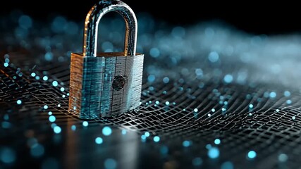 A metallic padlock rests on a digital mesh background, symbolizing security in a tech-driven world - Powered by Adobe