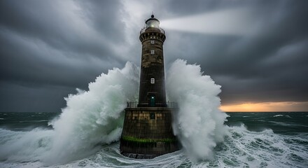 Obraz premium Lighthouse in storm with waves crashing against it.