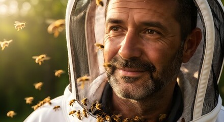 A close-up shot of a smiling beekeeper wearing protective gear, surrounded by bees.