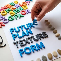 Hand arranging letters to spell future plan texture form