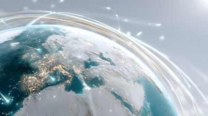 A digital illustration of planet earth as a blue sphere in space, a global business concept with communication technology