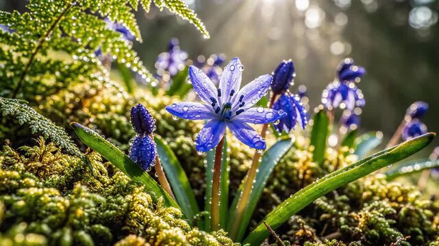 Blue scilla flower with sunlight background.