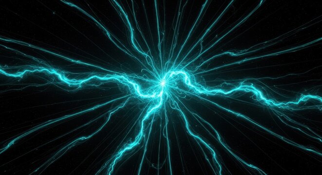 Intricate blue energy strands radiating dynamically against a stark dark void background