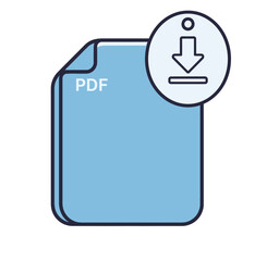 Cute cartoon illustration of a blue PDF file document with a download icon overlay. Flat design style.
