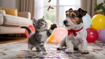 Birthday. Playful kitten and dog celebrating a children's birthday party, surrounded by colorful balloons and confetti, creating a joyful and festive atmosphere