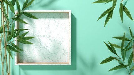 Blank picture frame template on mint terrazzo background with bamboo shadows and clean lines