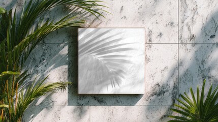 Blank picture frame template on marble terrazzo wall with tropical palm shadows and minimalist greenery
