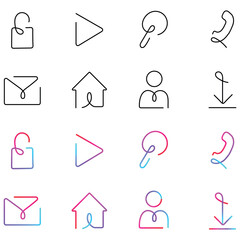 Collection of outline icons featuring lock play location phone email house person download symbols in gradient color