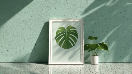 White picture frame template on sage green terrazzo wall with monstera leaf shadows and natural lighting