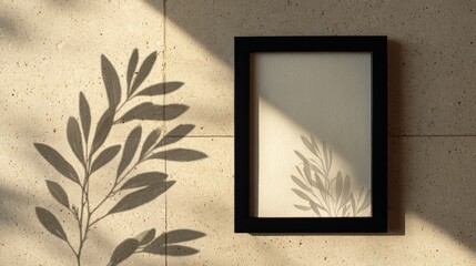 Black picture frame template on beige terrazzo surface with olive branch shadows and warm sunlight