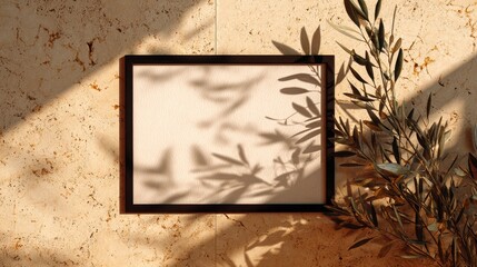 Black picture frame template on beige terrazzo surface with olive branch shadows and warm sunlight