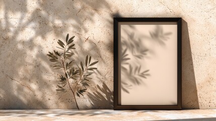 Black picture frame template on beige terrazzo surface with olive branch shadows and warm sunlight
