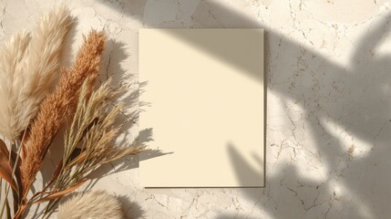 Blank picture frame template on cream terrazzo backdrop with dried pampas grass and angular shadows
