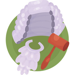 Illustration of a Traditional White Judge Wig and Gavel on a Green Circular Background With a Transparent Overlay Ideal for Legal Themed Designs