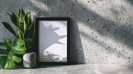 Blank picture frame template on charcoal terrazzo backdrop with snake plant shadows and contemporary styling