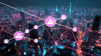 Futuristic cityscape with digital network connections among buildings, showcasing urban technology interaction - Powered by Adobe