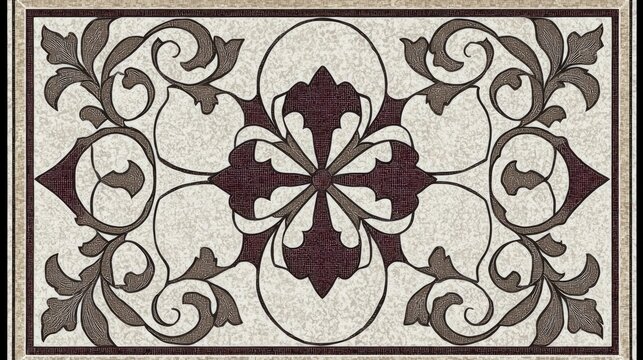 An ornate, symmetrical floral pattern in dark red and brown against a textured off-white background, framed by a decorative border.