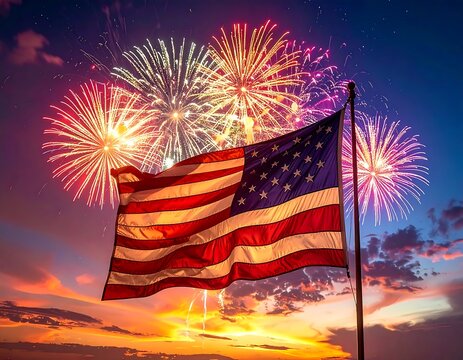 American flag waving in front of colorful fireworks and sunset - Powered by Adobe