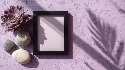 Black picture frame template on lavender terrazzo surface with succulent shadows and soft lighting