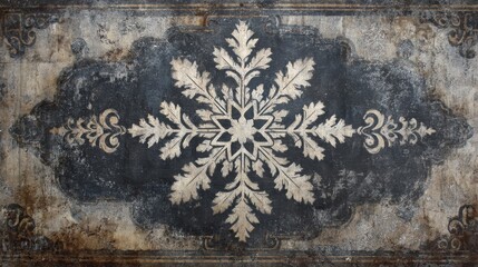 Large snowflake stencil on a gray distressed background with aged white textures and dark worn edges, creating a simple vintage winter look that resembles an old painted canvas surface.
