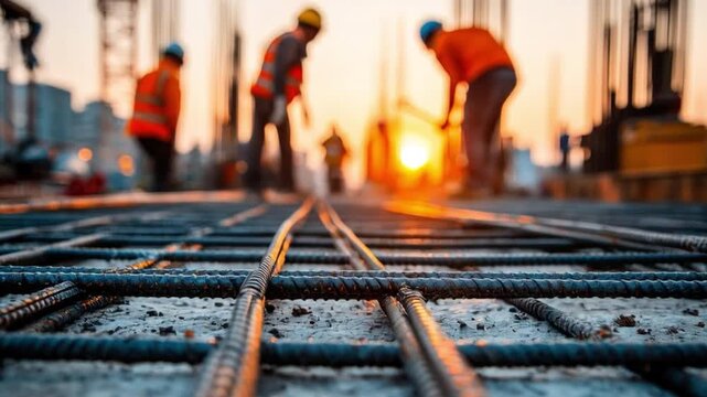 Construction workers laying rebar at sunset on a construction site, demonstrating teamwork and labor in an urban environment with safety gear and tools